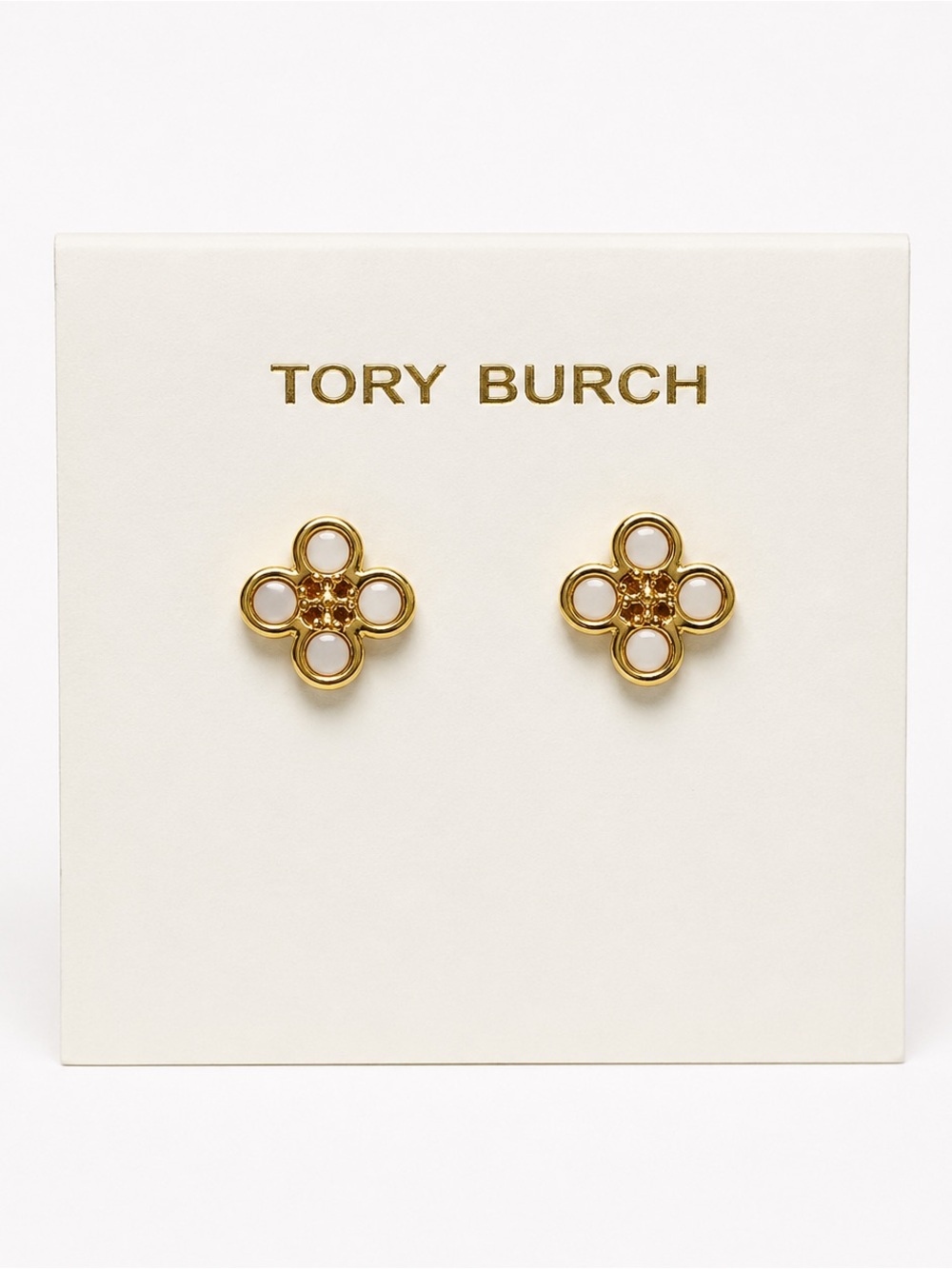 Tory Burch Gold Clover Stud Earrings with White Inlay